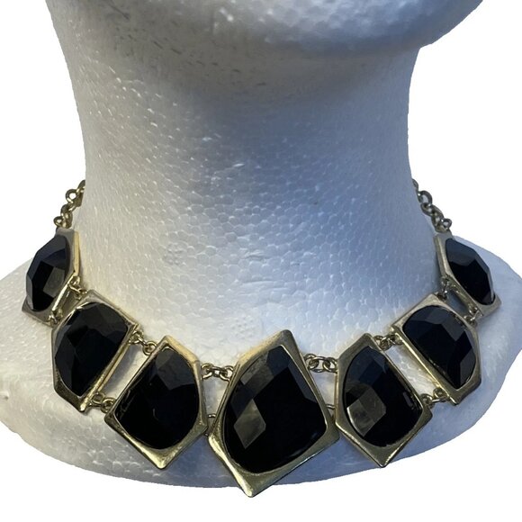 Gold Tone Chain With 7 Large Geometric Black Faceted Synthetic Stones in Bezels - Picture 1 of 10